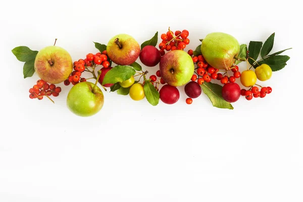 Ram med höst gul, orange och röda grönsaker och frukt på vit trä bakgrund, ovanifrån, platt låg. Höstbakgrund. — Stockfoto