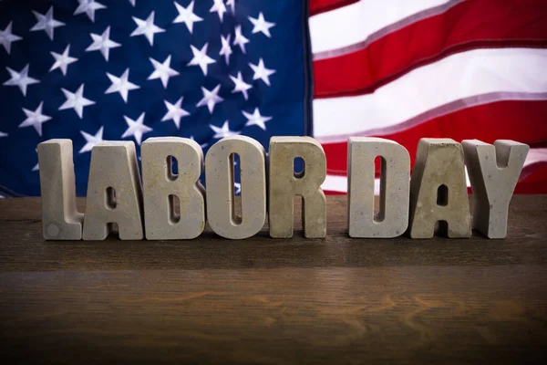 Happy Labor Day banner. USA flag and letters on rustic wooden background. — Stock Photo, Image