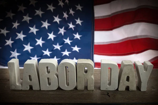Happy Labor Day banner. USA flag and letters on rustic wooden background. — Stock Photo, Image