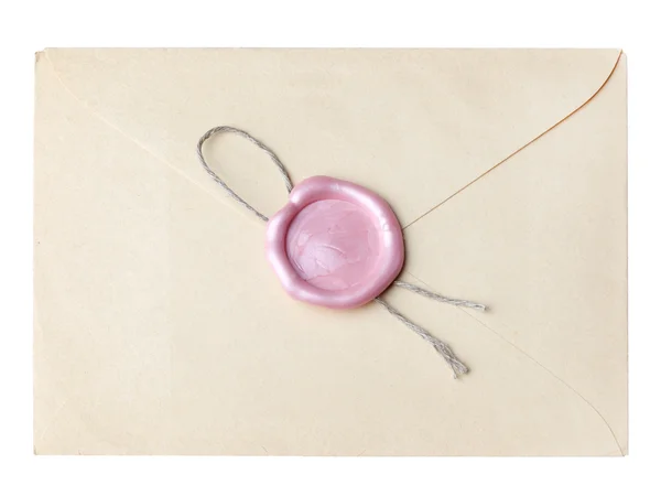 Old mail envelope with pink wax seal stamps isolated on white — Stock Photo, Image