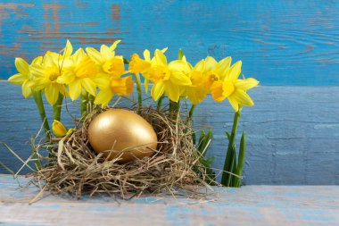 Paskalya süsleri. Yuvalardaki yumurtalar ahşap arka planda