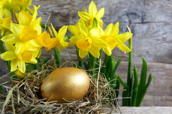 Húsvéti dekoráció. Tojás fészekben fából készült háttér — Stock Fotó