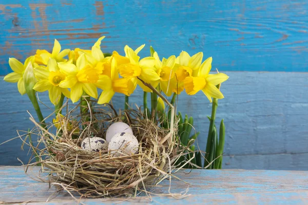 Великодні прикраси. Яйця в гніздах на дерев'яному фоні — стокове фото