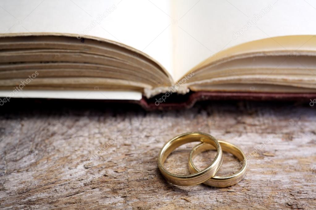 Two wedding rings with a bible 