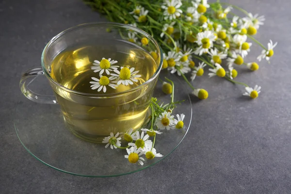 Tasse de thé de camomille avec des fleurs — Photo