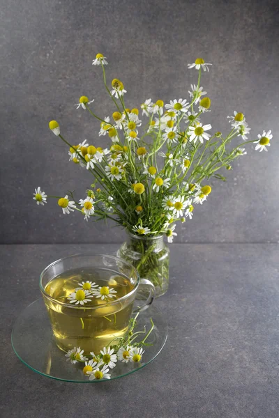 Чашка ромашкового чая с цветами — стоковое фото