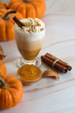 Balkabaklarıyla ve sonbahar yapraklarıyla çevrili, krem şantili ve tarçınlı sıcak bir balkabağı lattesi..