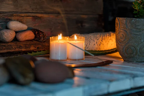 Velas Encendidas Para Meditación Relajación Ambiente Cálido Tranquilo — Foto de Stock