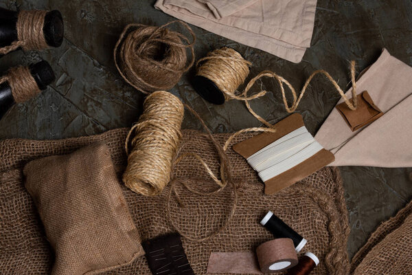 different threads for rustic ornaments in brown tones