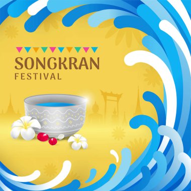Songkran Tayland Su Festivali afişi. Su dalgaları çerçevesi ve telif uzayını siluet Tayland simgeleri, Buda ve Su Kasesi, çiçek vektör ilülasyonu ile süpürür.