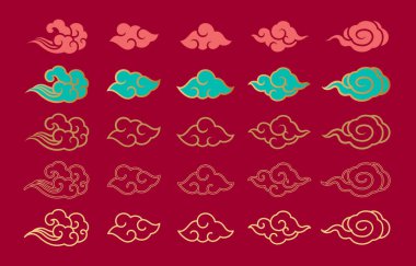 Asya bulut kümesi vektör çizimi. Geleneksel oryantal bulut süsü ve dekoratif elementler. Çince, Japonca, Tayland çağdaş tasarımı. Çeşitli stiller. Çizgi, düz, dış hat, katı, gradyan