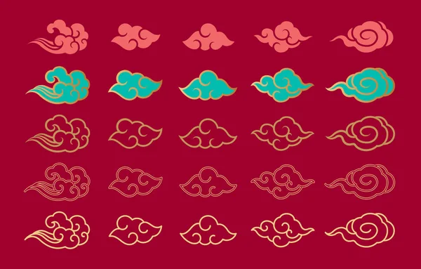 Asya bulut kümesi vektör çizimi. Geleneksel oryantal bulut süsü ve dekoratif elementler. Çince, Japonca, Tayland çağdaş tasarımı. Çeşitli stiller. Çizgi, düz, dış hat, katı, gradyan