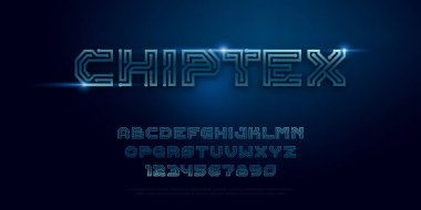 Typography dijital çip tasarım vektörü. Yazdırılmış devre kartı tarzı yazı tipi. Rakamlar uzay ve sistem teknolojisi alfabesi tek satır yazı tipi.