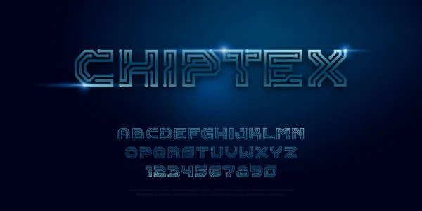 Typography dijital çip tasarım vektörü. Yazdırılmış devre kartı tarzı yazı tipi. Rakamlar uzay ve sistem teknolojisi alfabesi tek satır yazı tipi.