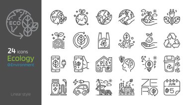 Ekoloji doğrusal biçim simgesi seti. Güvenli toprak, su, enerji, yenilenebilir konsept çevre, gün ve gün. Çevre dostu tasarım vektörü çizimi.