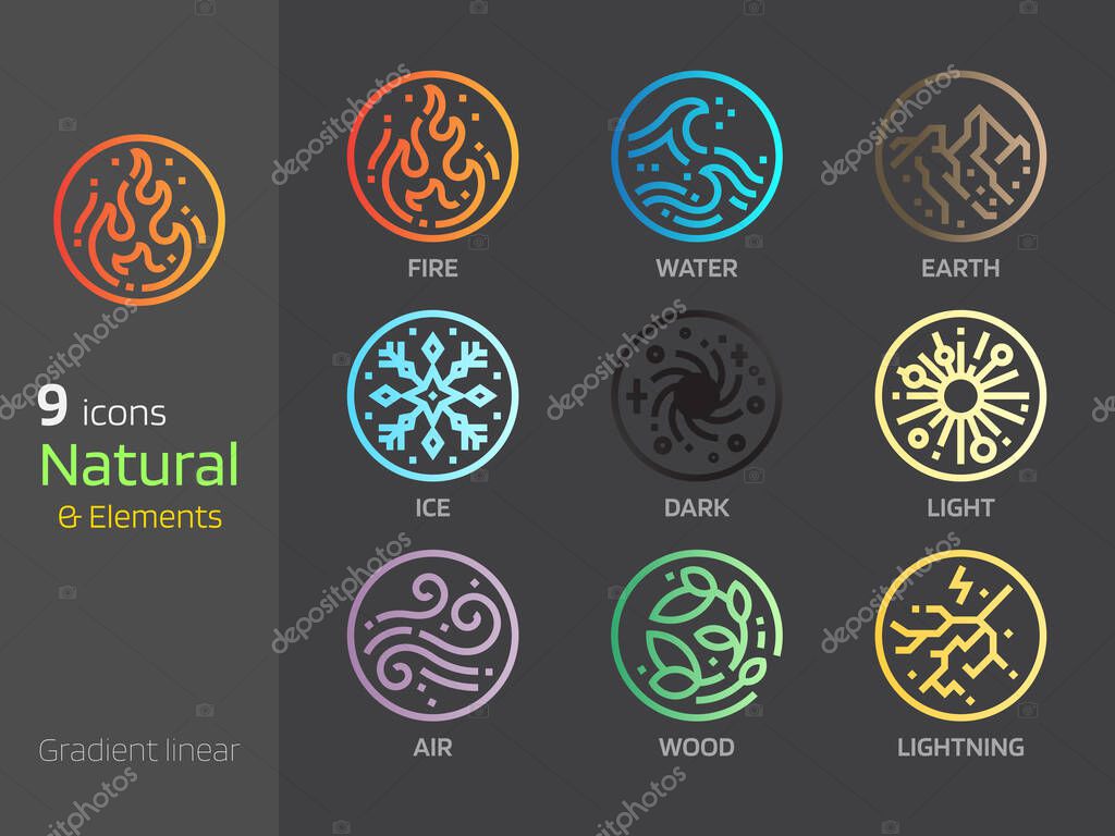 Natural symbol concepts gradient linear style icon. Earth,water,wind,fire 4 elements sign. Mono line design in circle shape