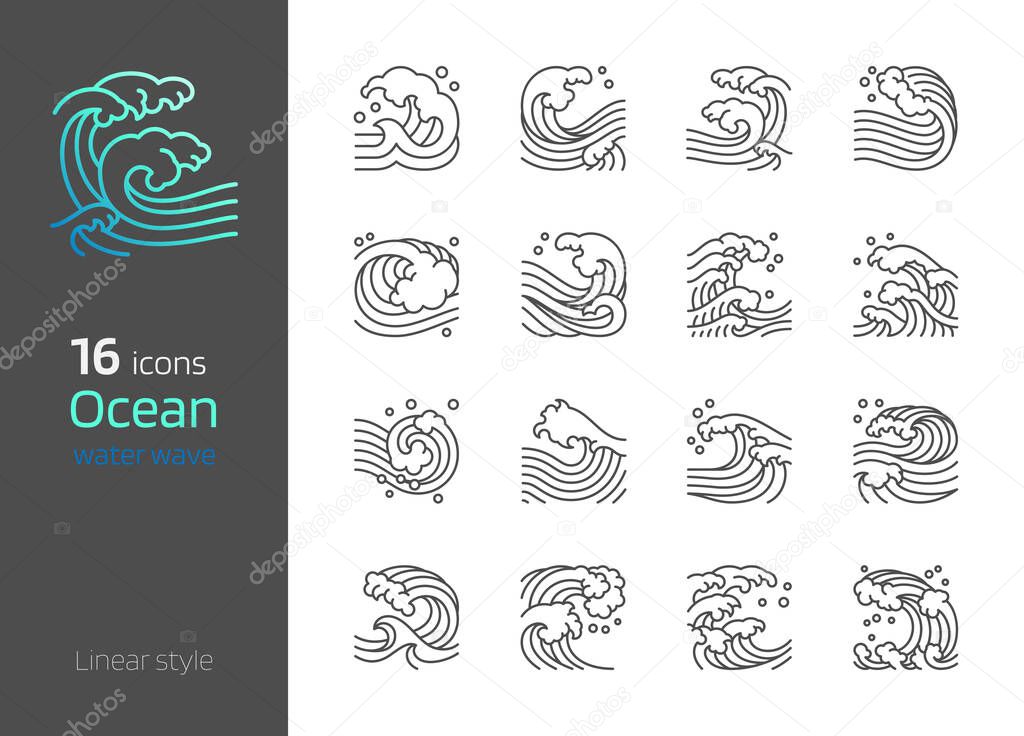 Ocean water wave icon. Sea linear style vector set illustration square position