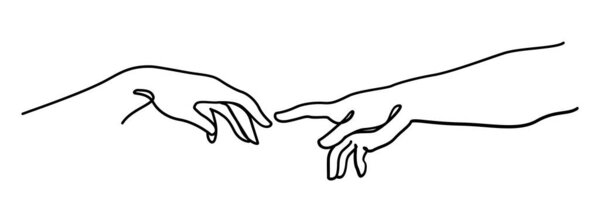 Two hands connection and relationship concept vector illustration. Creativity of Adam and god hand hand drawn continuous line art