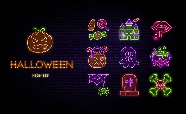 Halloween Neon Icons Vector Set — Stock Vector