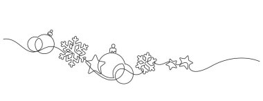 Yılbaşı kutlamalarının dekoratif süslerinin durmaksızın çizilmesi. Kış mevsiminde takılar, Noel ağacı ve kar tanesi yıldızları el yapımı minimalizm çizimleri.