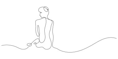 Güzel bir kadının el çizimi dikiz aynası bir çizgi sürekli minimalizm fotokopi alanı ince çizim çizimi