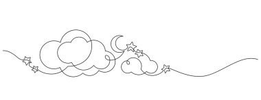 Yıldızlı gece gökyüzü tatlı rüya bir çizgi sürekli minimalizm çiziyor. bulut ve ay yıldızları dekoratif sanat kopyalama alanı