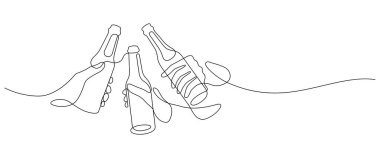 Bira bir çizgi şıngırdıyor ve sürekli minimalizm çiziyor. Bira şişesi, ince çizgili illüstrasyon fotokopi alanı şerefine kadeh kaldırıyor. Birlikteliğimizi kutlayan üç kişi