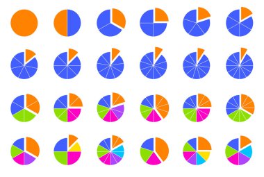 Çember pasta grafiği diyagramı kesir eğitim koleksiyonunu ayarlar. 1,2,3,4,5,6,7,8,9,10,11,12 bölüm bölündü
