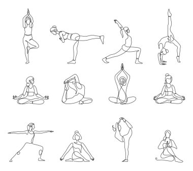 Yoga yapan kadın sürekli çizgi çizerek el çizimi minimalizm vektörü seti çiziyor