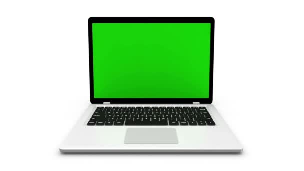 Laptop moderno isolado em branco. Animação com tela verde e canal alfa . — Vídeo de Stock