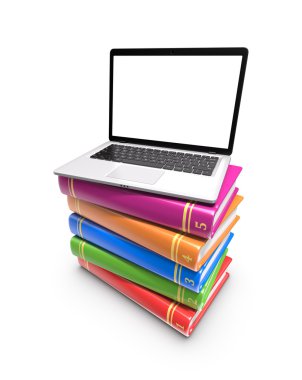 Renkli kitaplar üzerinde beyaz izole laptop. 3D render.