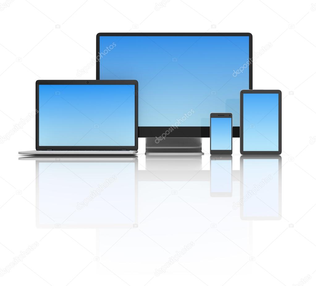 Modern laptop, tablet, phone and pc isolated on white.
