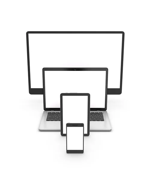 Υπολογιστή, smartphone, φορητού υπολογιστή και tablet που απομονώνονται σε λευκό. 3D renderin — Φωτογραφία Αρχείου