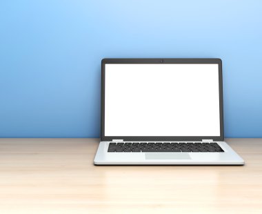 Modern dizüstü bilgisayarda mavi arka plan masaya. 3D çizim.