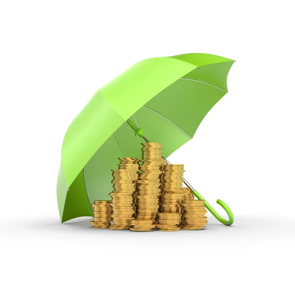 Pile di monete d'oro sotto l'ombrello verde . — Foto Stock