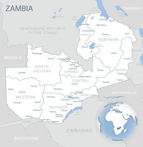 Mapa Detallado Azul Gris Las Divisiones Administrativas Ubicación Zambia Mundo — Vector de stock