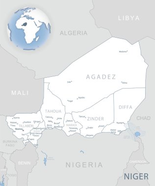 Nijer idari birimlerinin mavi-gri detaylı haritası ve dünya üzerindeki konumu. Vektör illüstrasyonu
