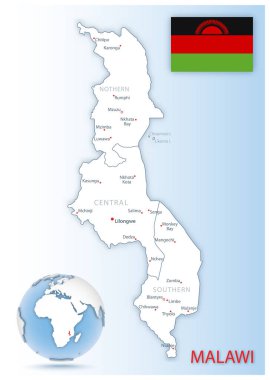 Malawi idari haritasında mavi bir dünya üzerinde ülke bayrağı ve konumu var. Vektör illüstrasyonu