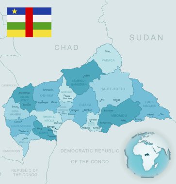 Orta Afrika Cumhuriyeti idari birimlerinin mavi-yeşil haritası. Ülke bayrağı ve dünya üzerindeki konumu. Vektör illüstrasyonu