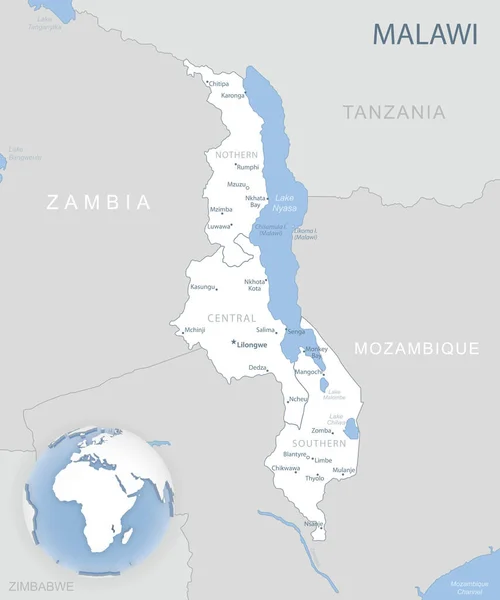 Blue Gray Mapa Detallado Las Divisiones Administrativas Malawi Ubicación Mundo — Vector de stock