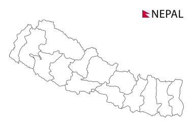 Nepal haritası, ülkenin siyah beyaz ana hatları. Vektör illüstrasyonu