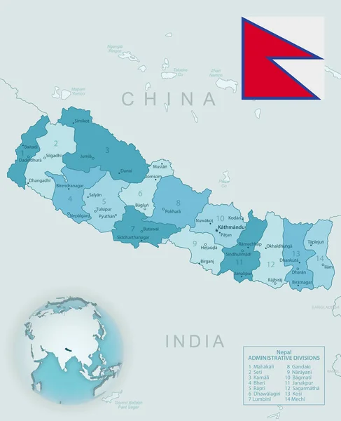 Mapa Detalhado Azul Verde Das Divisões Administrativas Nepal Com Bandeira — Vetor de Stock