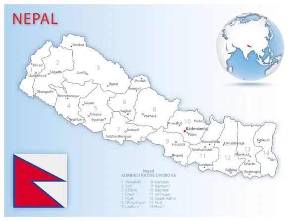 Detailed Nepal Administrative Map Country Flag Location Blue Globe Vector — Stock Vector