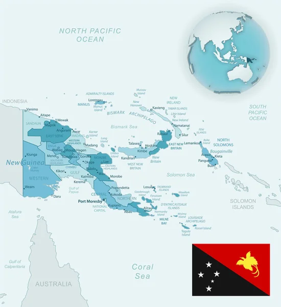 Blå Grön Detaljerad Karta Över Papua Nya Guineas Administrativa Indelningar — Stock vektor
