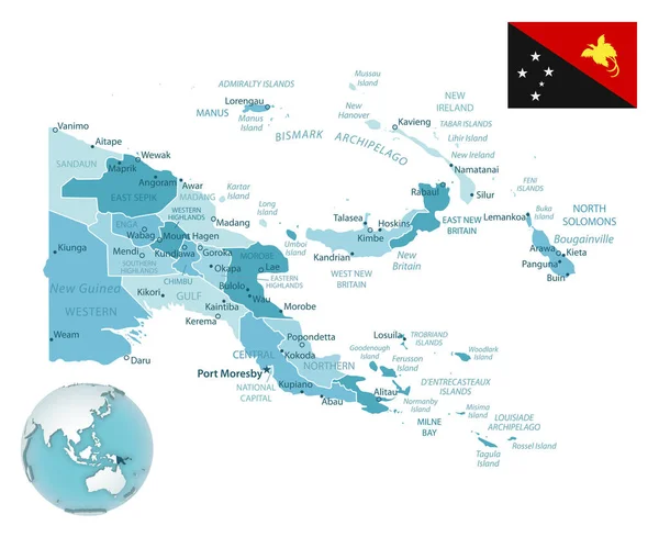 Papua Nya Guinea Administrativ Blå Grön Karta Med Land Flagga — Stock vektor