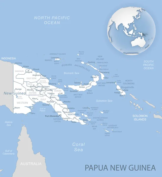 Mapa Detalhado Azul Cinza Papua Nova Guiné Divisões Administrativas Localização —  Vetores de Stock