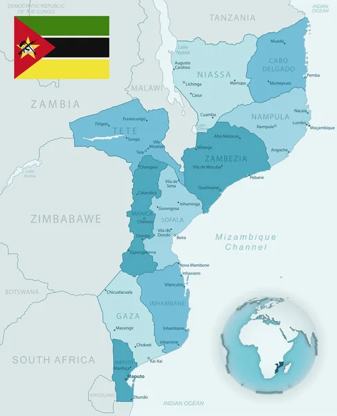 Mapa Detallado Azul Verde Las Divisiones Administrativas Mozambique Con Bandera — Vector de stock