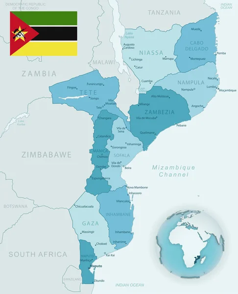 Mozambik idari birimlerinin mavi-yeşil haritası. Ülke bayrağı ve dünya üzerindeki konumu. Vektör illüstrasyonu
