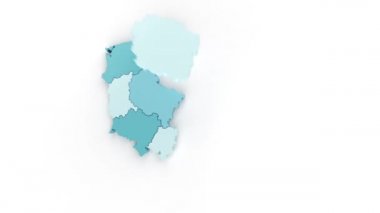 Polonya haritası mavi-yeşil renklerde, üst manzara. Beyaz arkaplana karşı tepeden tırnağa düşen ayrı alanlar tarafından oluşturulmuştur.