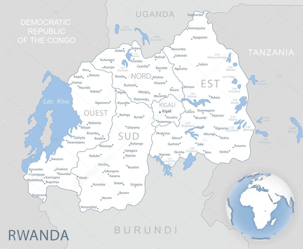 Blue-gray detailed map of Rwanda administrative divisions and location on the globe. Vector illustration